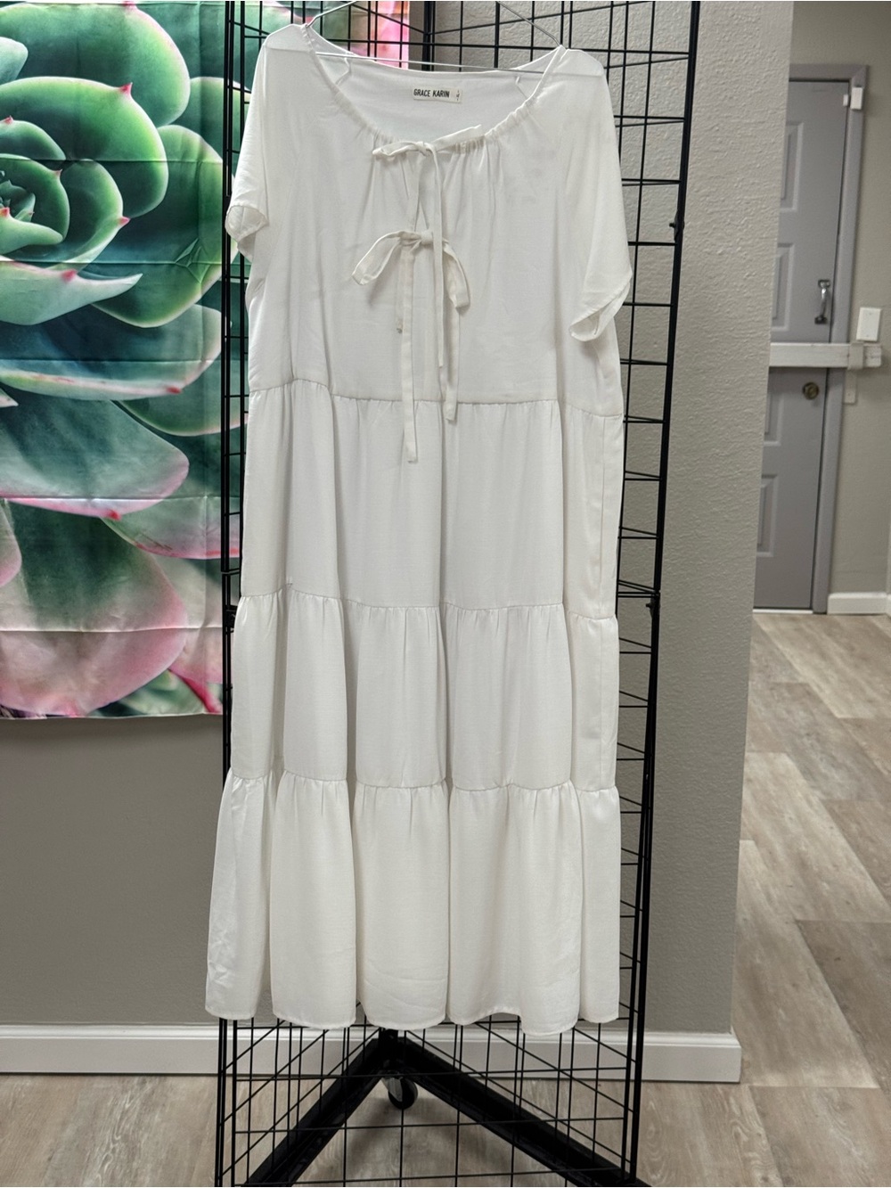Grace Karin White Tiered Peasant Maxi Dress Size XL Pit 24”, L 49